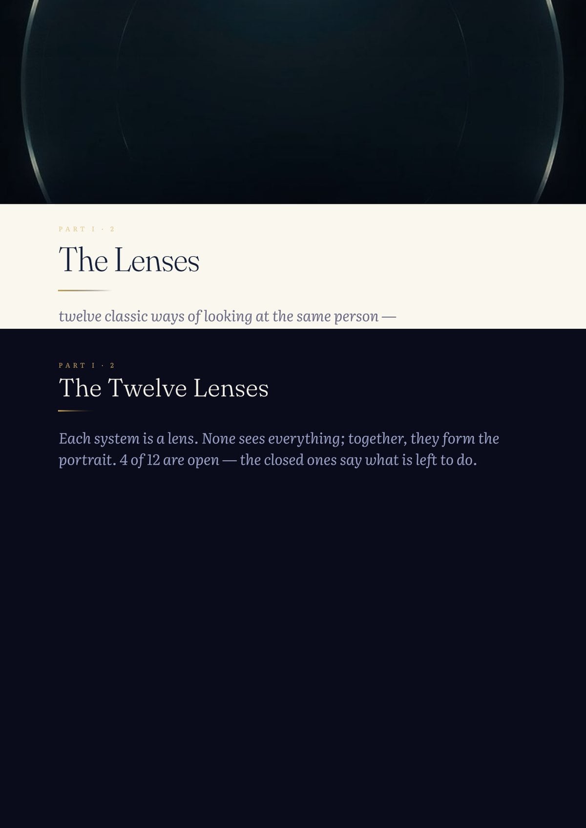 The Lenses: each system in a card, what it measures and what it says
